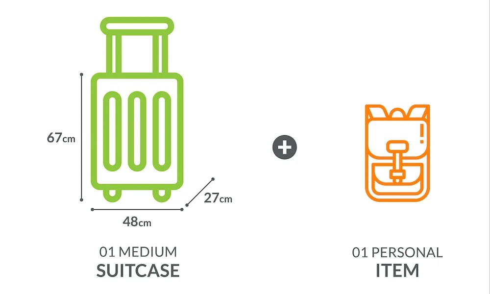 Схема размеров багажа для чемодана и личных вещей. Чемодан размером 48 x 27 см, личная вещь — это небольшой рюкзак, без указанных размеров.